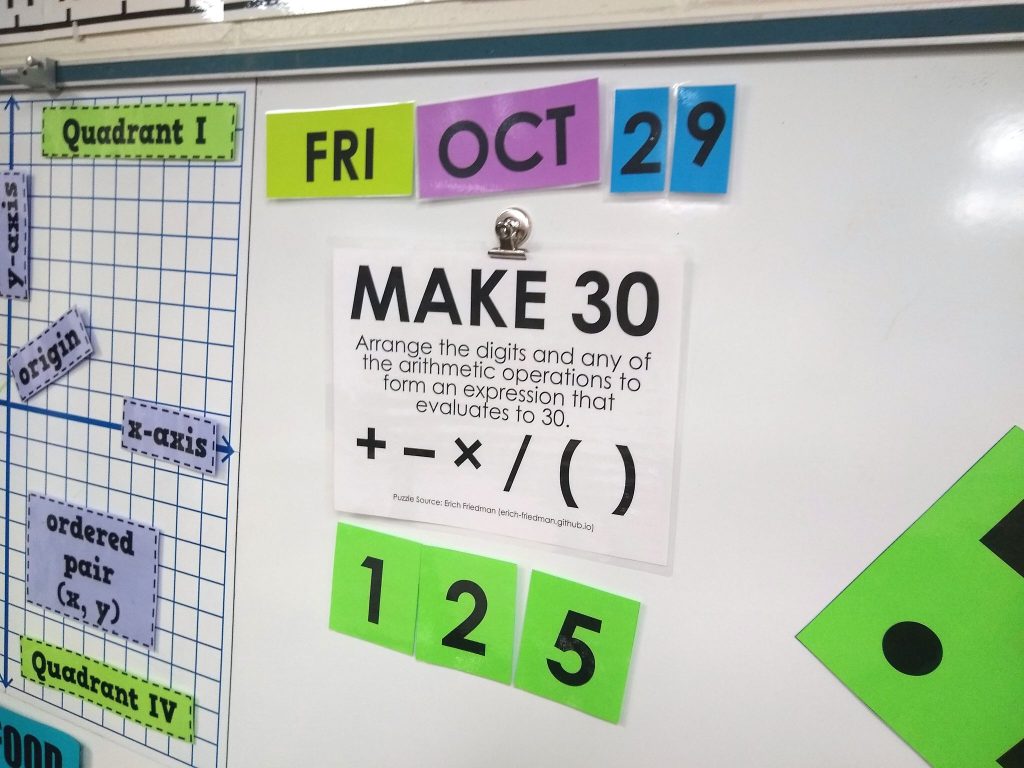 Make 30 Puzzles on Dry Erase Board with Digits 125. 