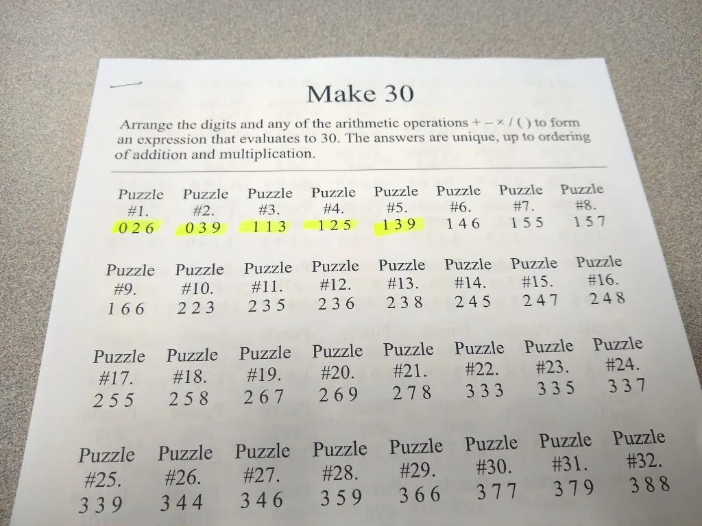 Printed Copy of Make 30 Puzzles with Used Puzzles Highlighted. 