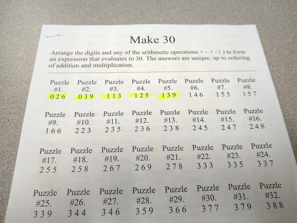 Printed Copy of Make 30 Puzzles with Used Puzzles Highlighted. 