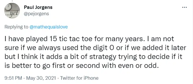 paul jorgens tweet about 15 tic tac toe. 