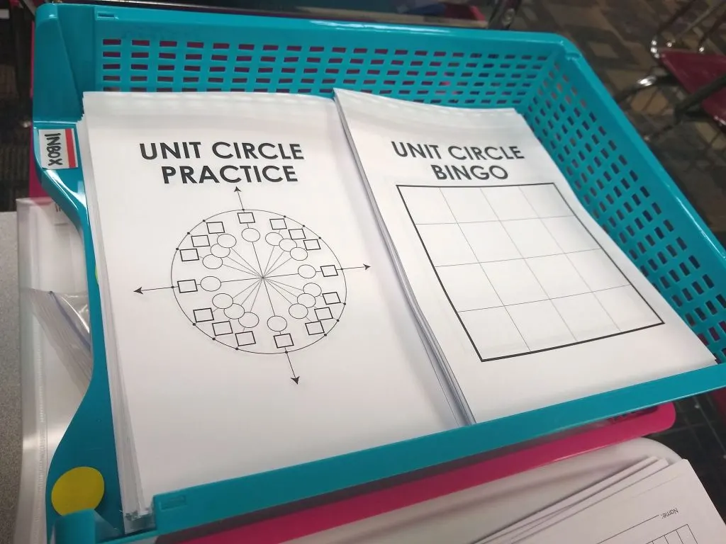 unit circle practice sheet and unit circle bingo sheet laying in tray 