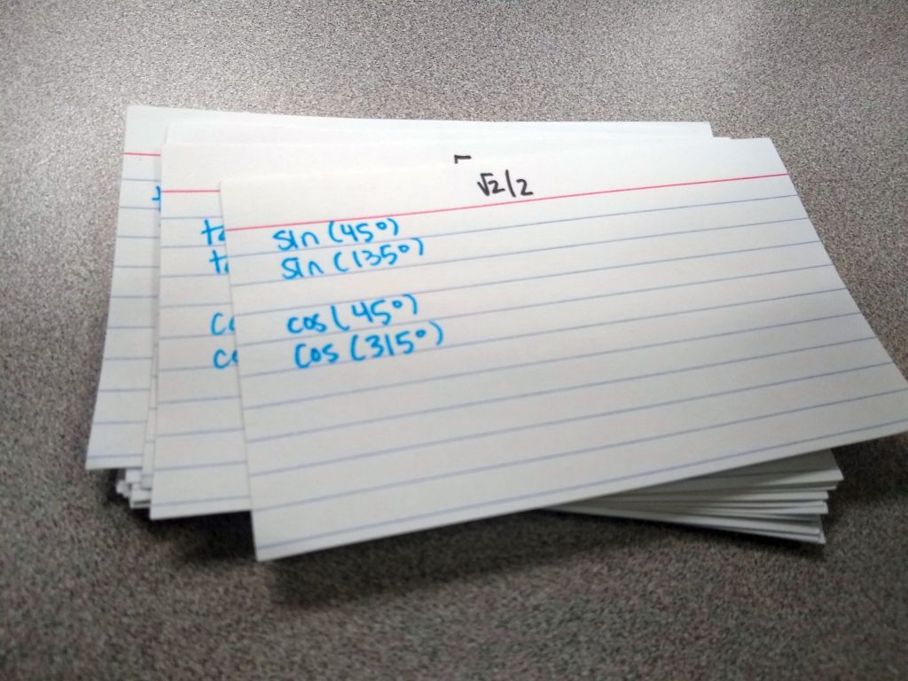 stack of index cards with questions for unit circle bingo 