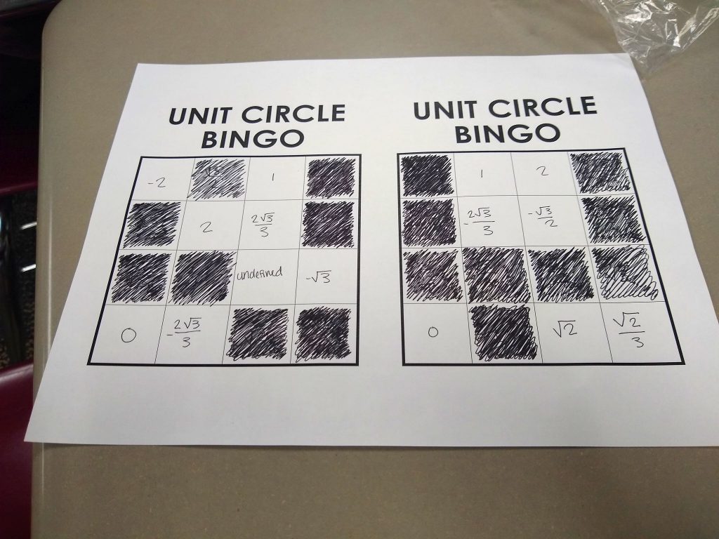 completed unit circle bingo sheets