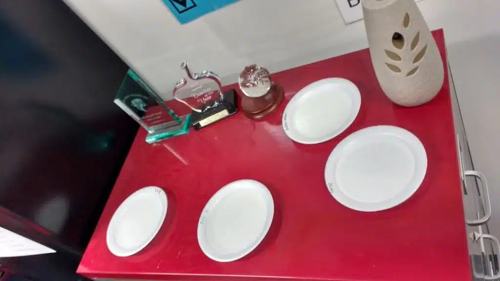 Styrofoam Plates on Top of Filing Cabinet