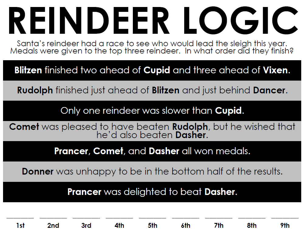 Reindeer Logic Puzzle with Lines at Bottom of Worksheet 