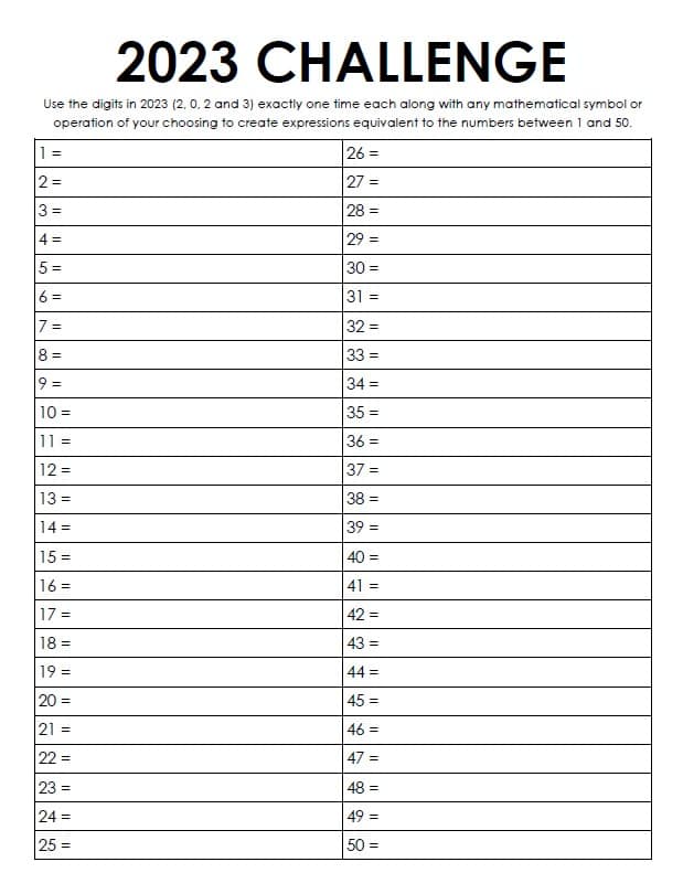 2023 Challenge Yearly Number Challenge Math = Love