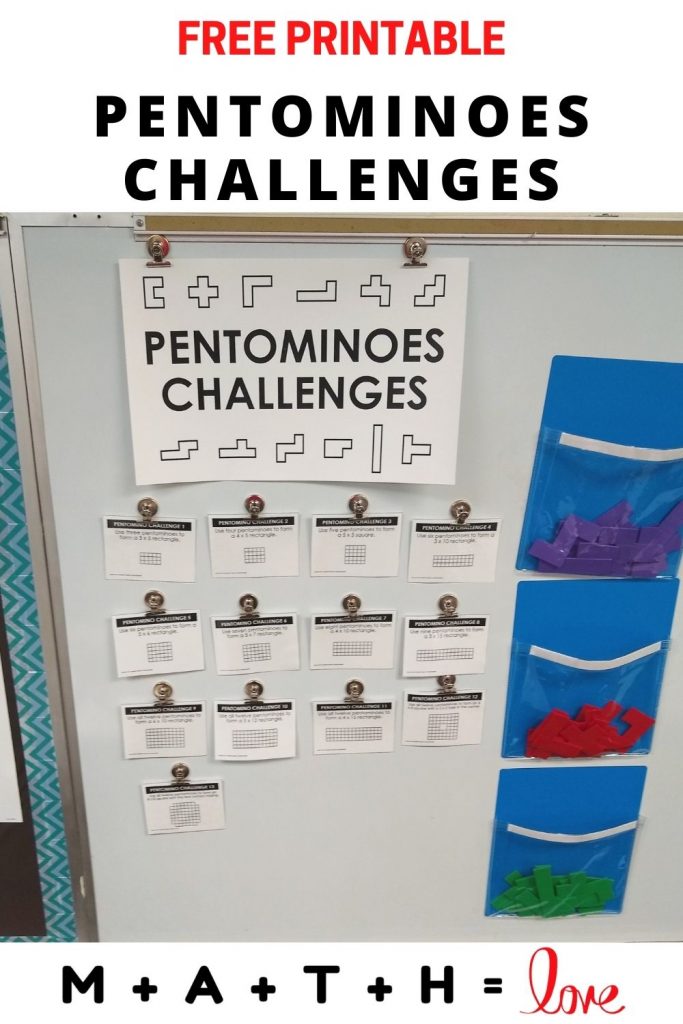 photograph of pentominoes puzzle challenges on dry erase board in classroom 