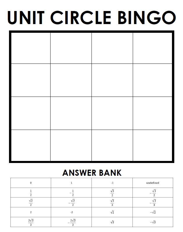 blank unit circle bingo template with answer key bank