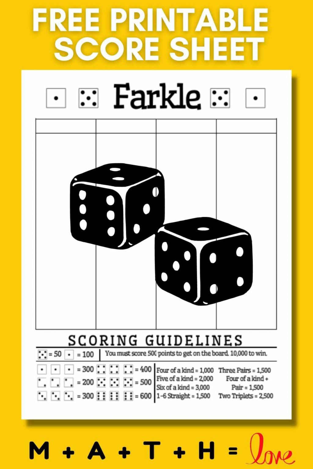 Free Printable Farkle Score Sheet With Scoring Rules PDF 