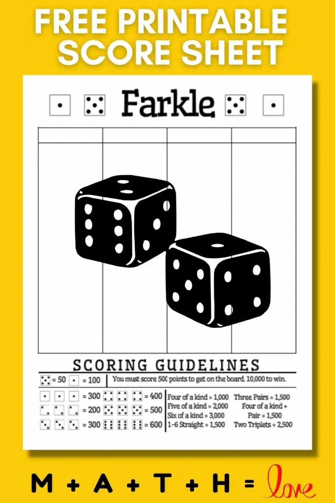 free printable farkle score sheet with scoring guidelines math love