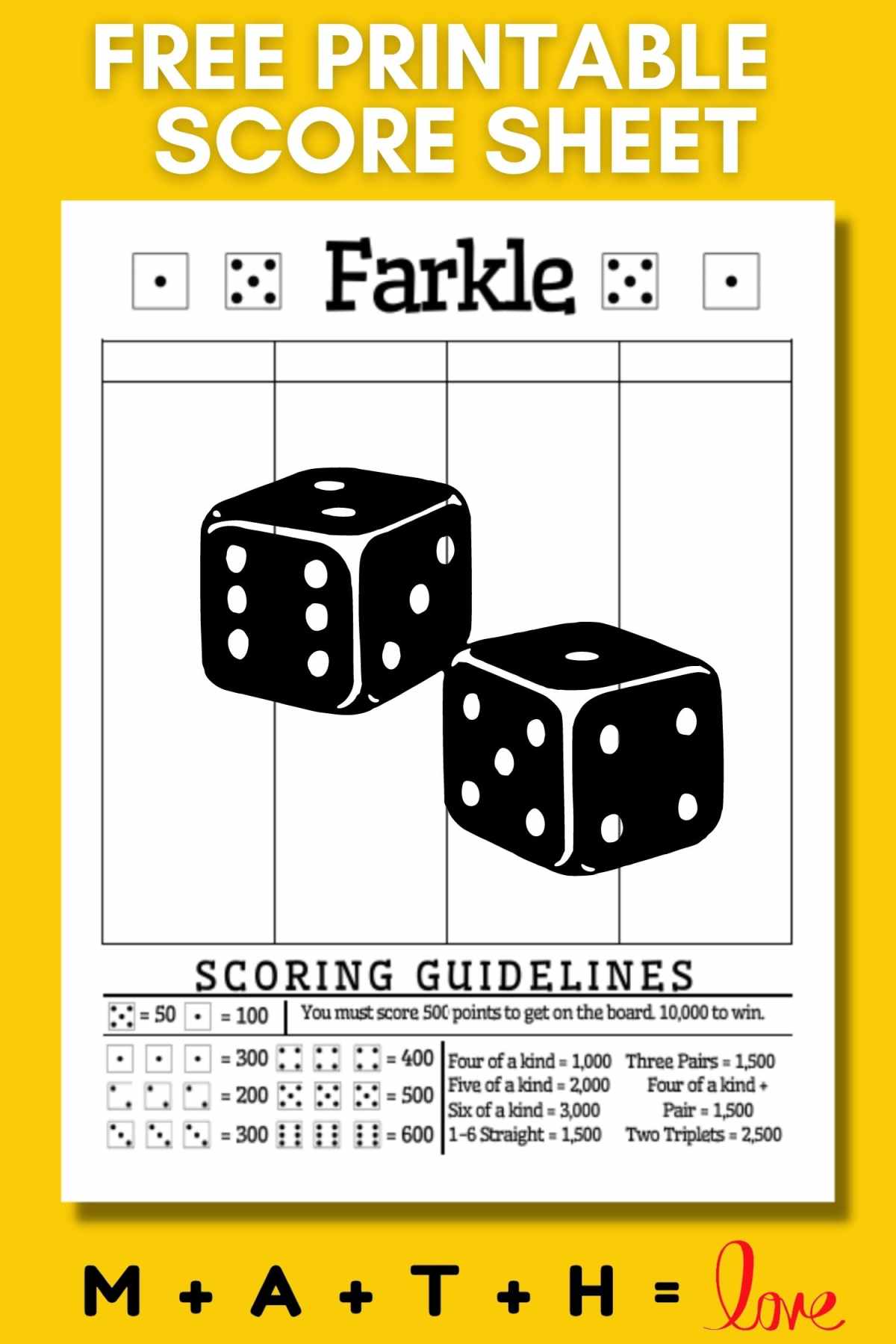 Farkle Score Sheet.