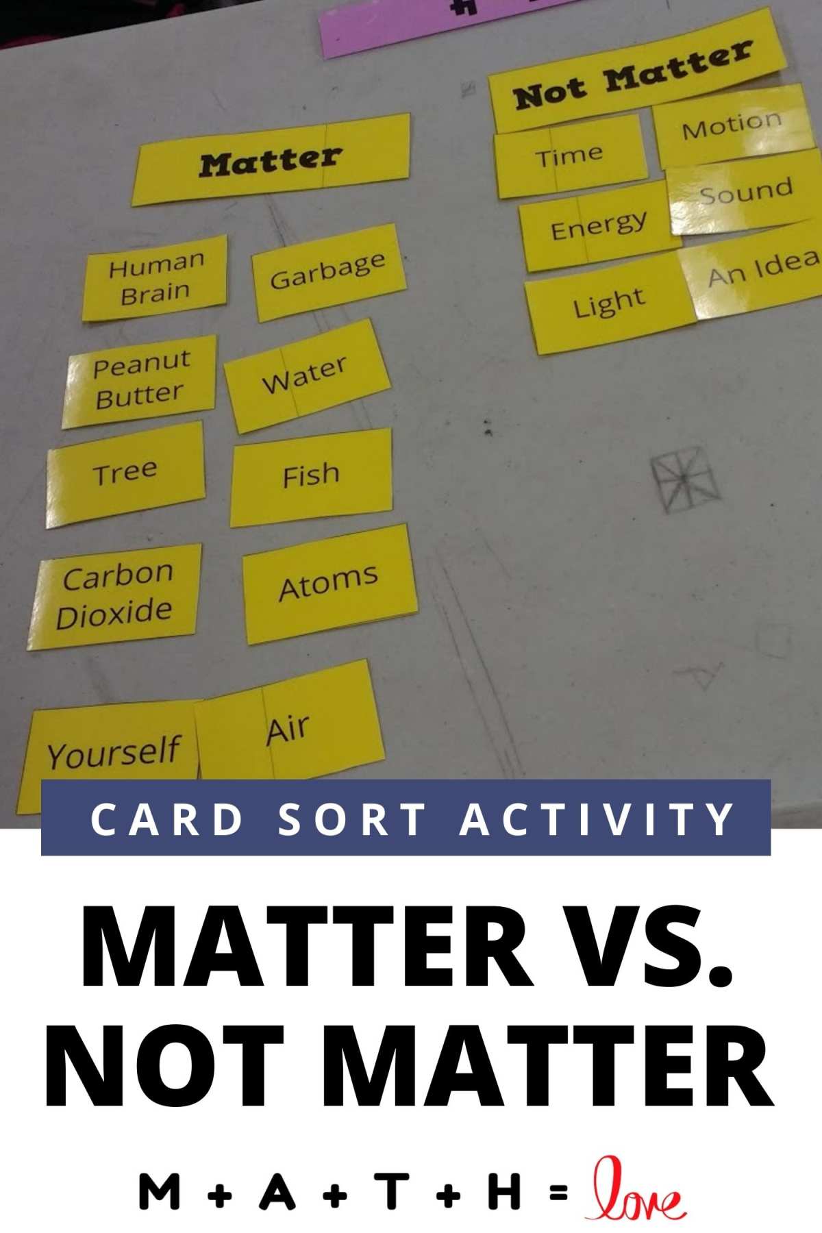 matter or not matter card sort activity on desk in classroom.