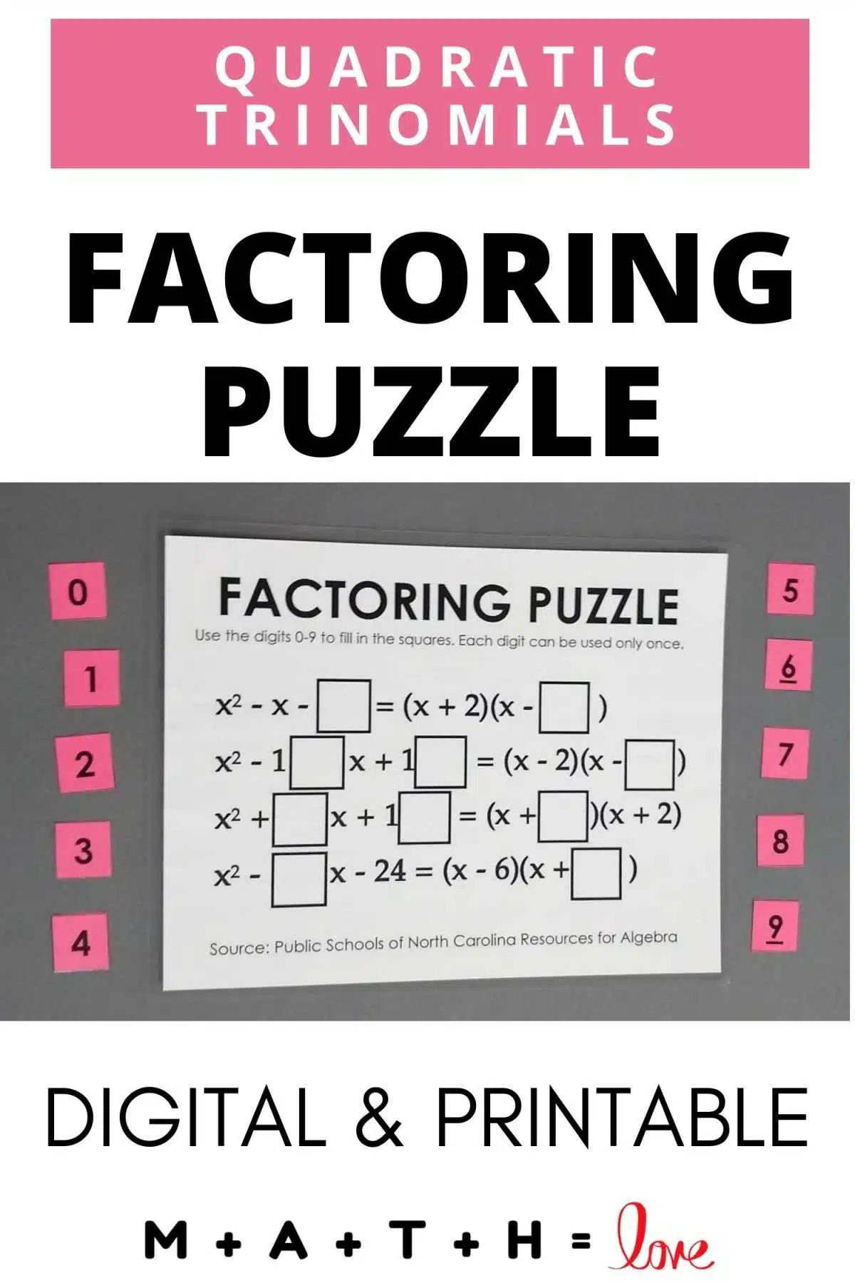 Factoring Puzzle For Quadratic Trinomials Math Love