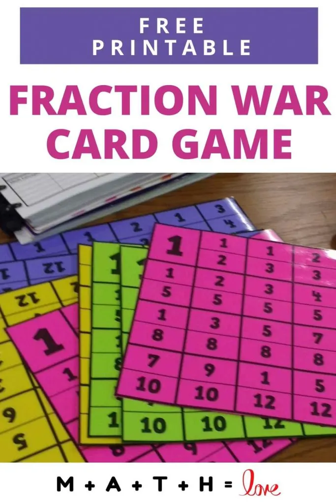 cards for fraction war card game. 