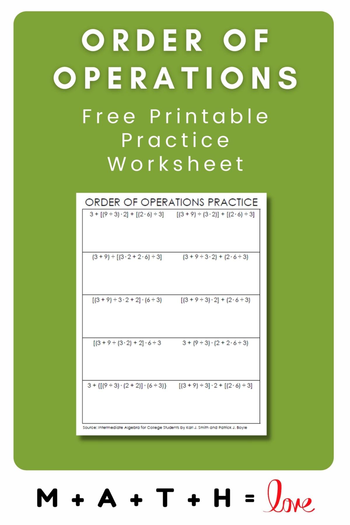 Order of Operations Practice Worksheet  Math = Love For Operations With Functions Worksheet