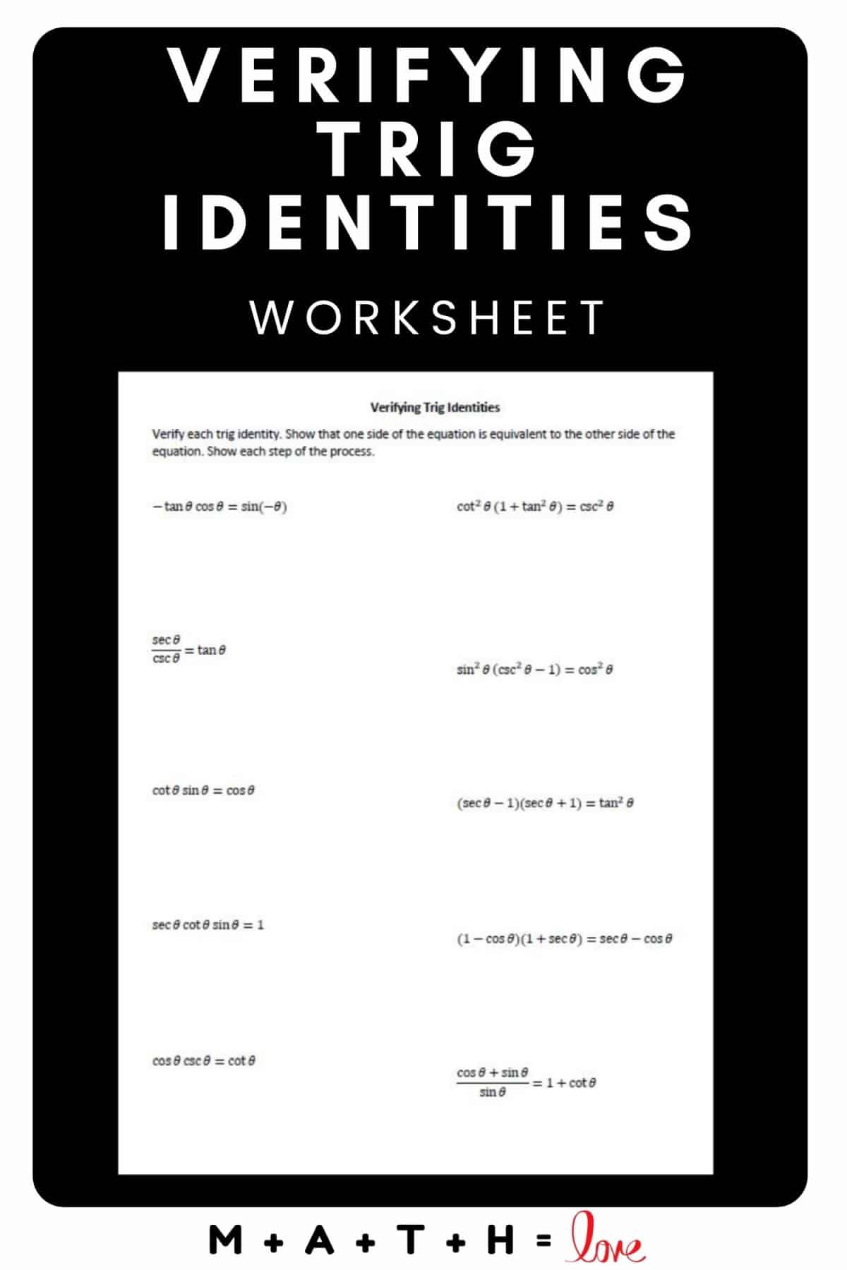 verifying trig identities worksheet free printable.