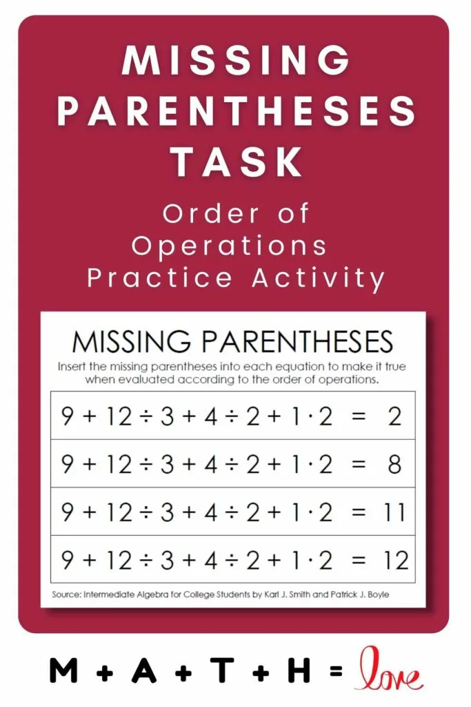 missing parentheses order of operations activity 