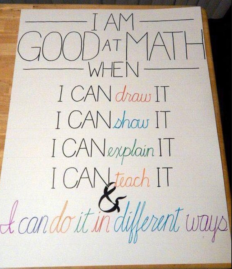 Poster with text: I am good at math when I can draw it, I can show it, I can explain it, I can teach it, and I can do it in different ways. 