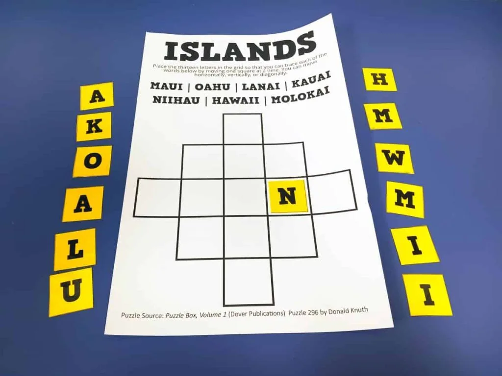 islands puzzle laying on table with thirteen letters spread out around the puzzle 