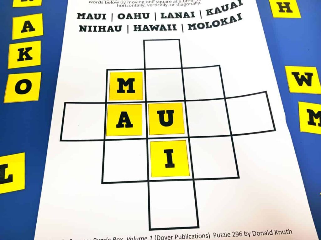 example of spelling "maui" on grid for islands puzzle 