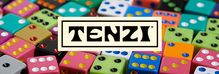 tenzi logo in front of colored dice 