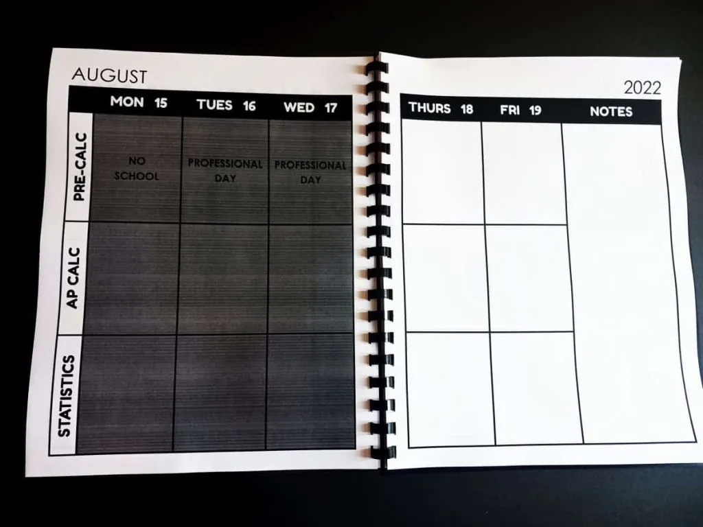 sample week in free printable lesson plan book