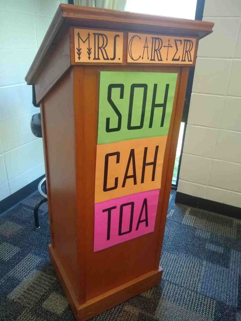 SOH CAH TOA posters on podium in math classroom 