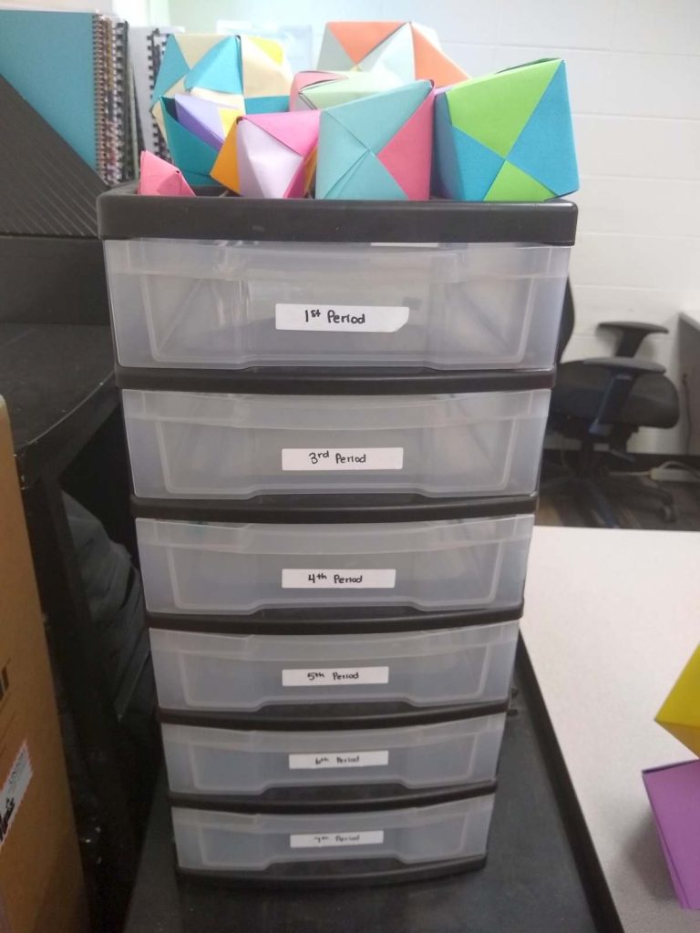 stacking drawers for turn-in trays in high school math classroom 