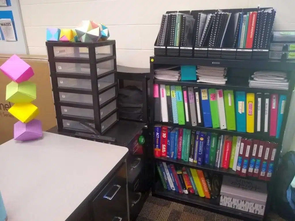 desk area in high school math classroom 