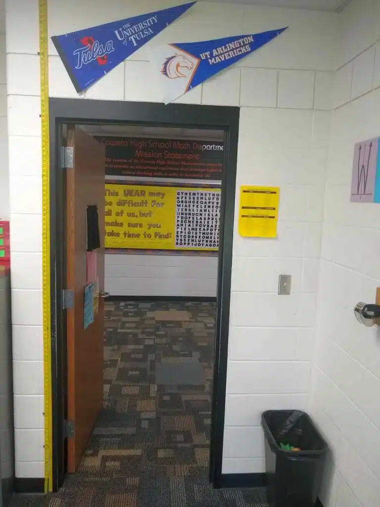 pennants above open door 