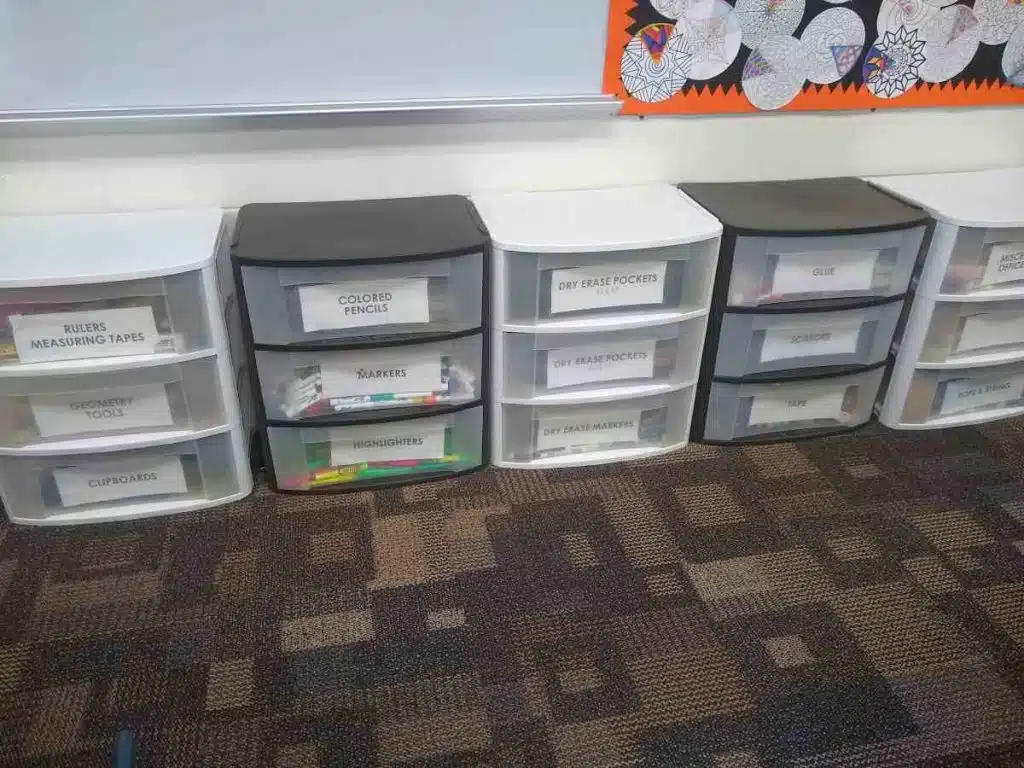 three drawer organizers in math classroom 