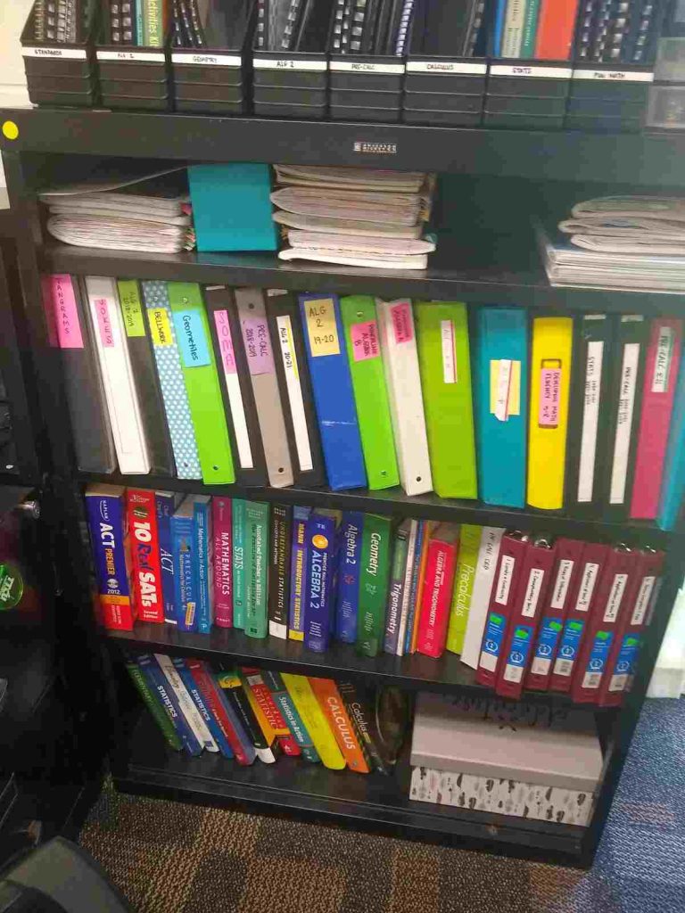 book shelf in high school math classroom 