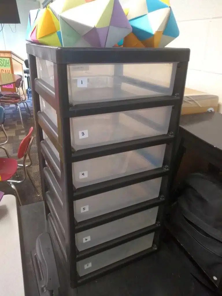 stacking drawers for turn-in trays in high school math classroom 