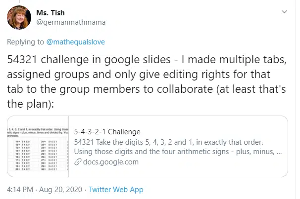 Tweet with Link to 5-4-3-2-1 Challenge in Google Slides. 