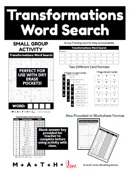 Transformations of Functions Word Search Activity from Math = Love 