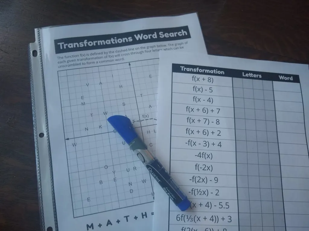 transformations of functions word search activity. 