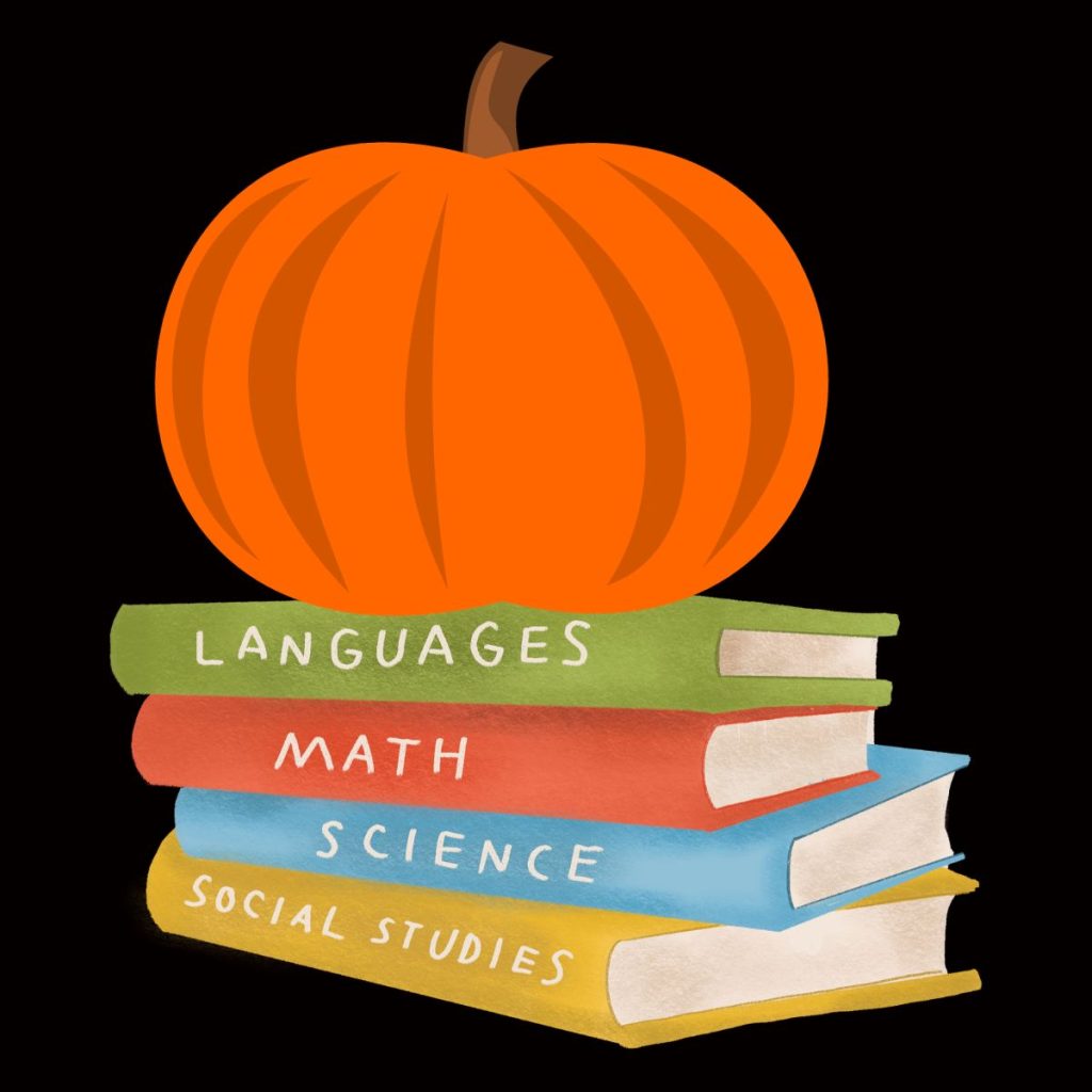 pumpkin clipart setting on top of stack of school books 