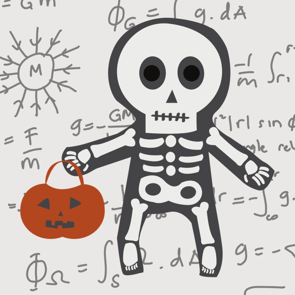 skeleton costume in front of physics background 
