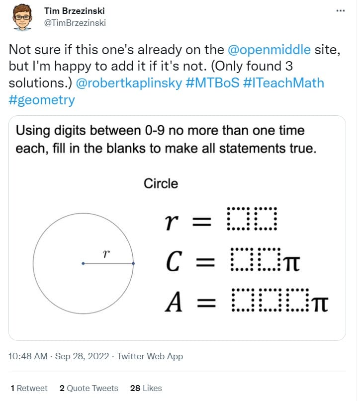 circumference and area of circles open middle task. 