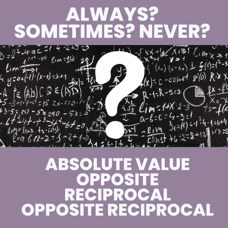 large question mark on mathematical background with text: "always? sometimes? never? absolute value, opposite, reciprocal, opposite reciprocal"