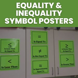 posters of equality and inequality symbols hanging in high school math classroom 