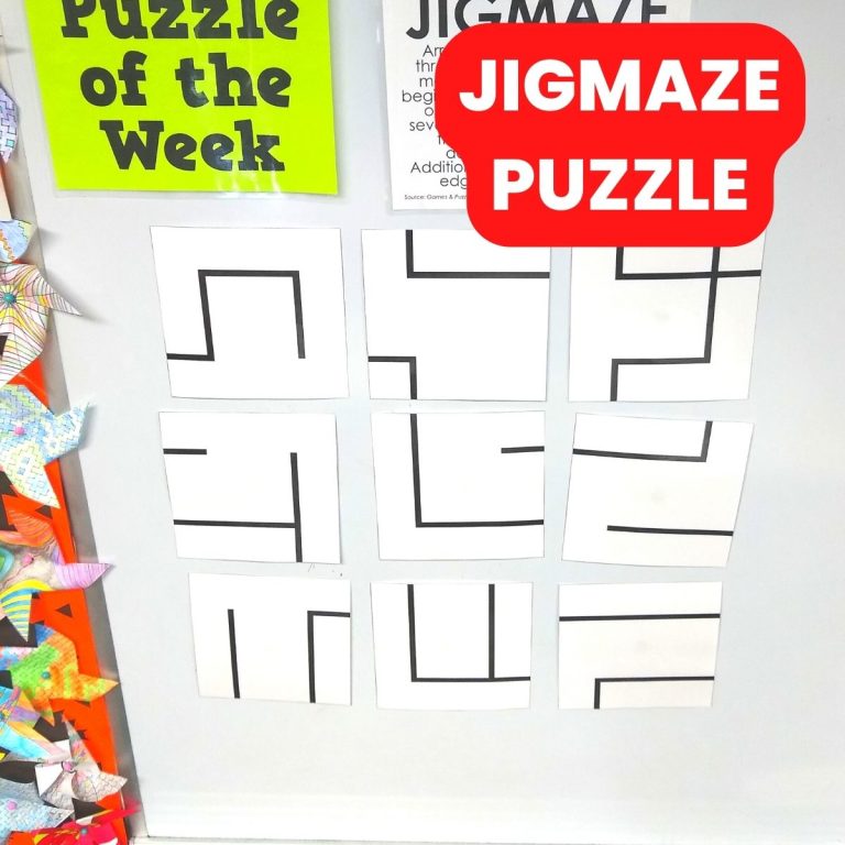 jigmaze puzzle hanging on dry erase board. 