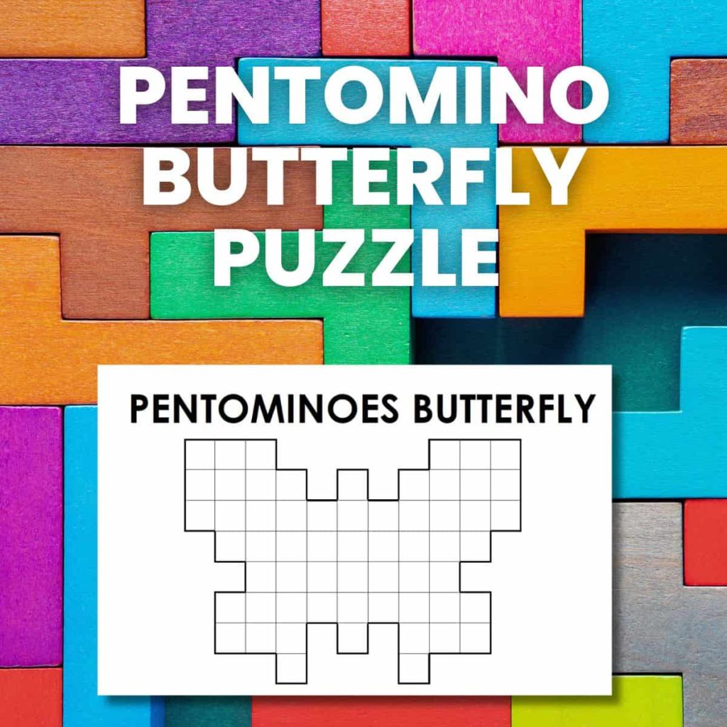 screenshot of pentominoes butterfly puzzle with photograph of pentominoes puzzle pieces in background 