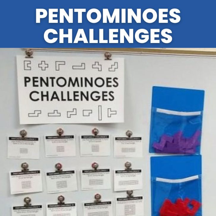 pentominoes puzzles hanging on dry erase board in high school math classroom. 