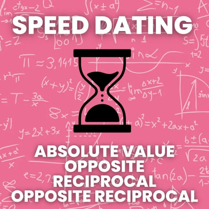 speed dating activity for absolute value, opposite, reciprocal, and opposite reciprocal vocabulary with clipart of sand timer