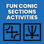 icons of hyperbola and parabola graphs with text "fun conic sections activities" 