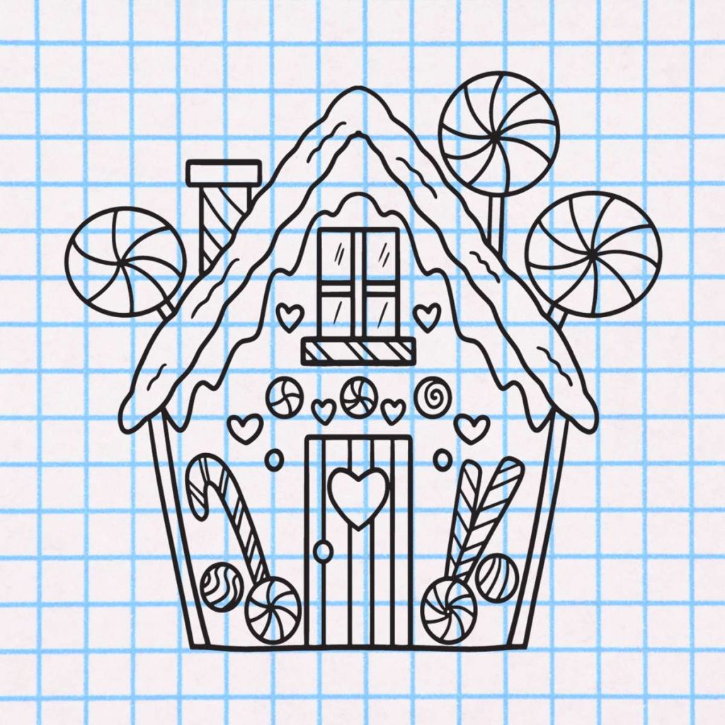 black line clipart of gingerbread house on top of graph paper. 