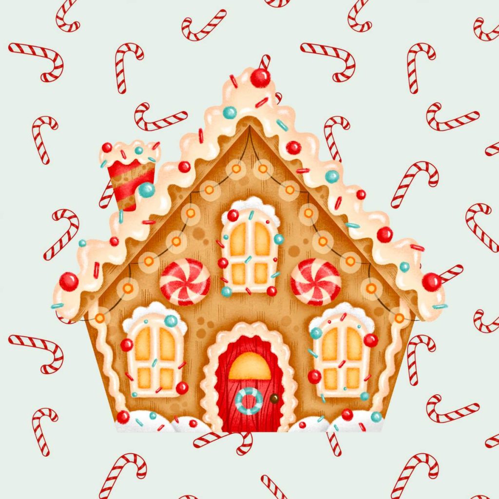 clipart image of gingerbread house with candy canes in background 