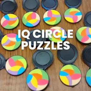 set of 10 iq circle puzzles setting on desk in classroom 