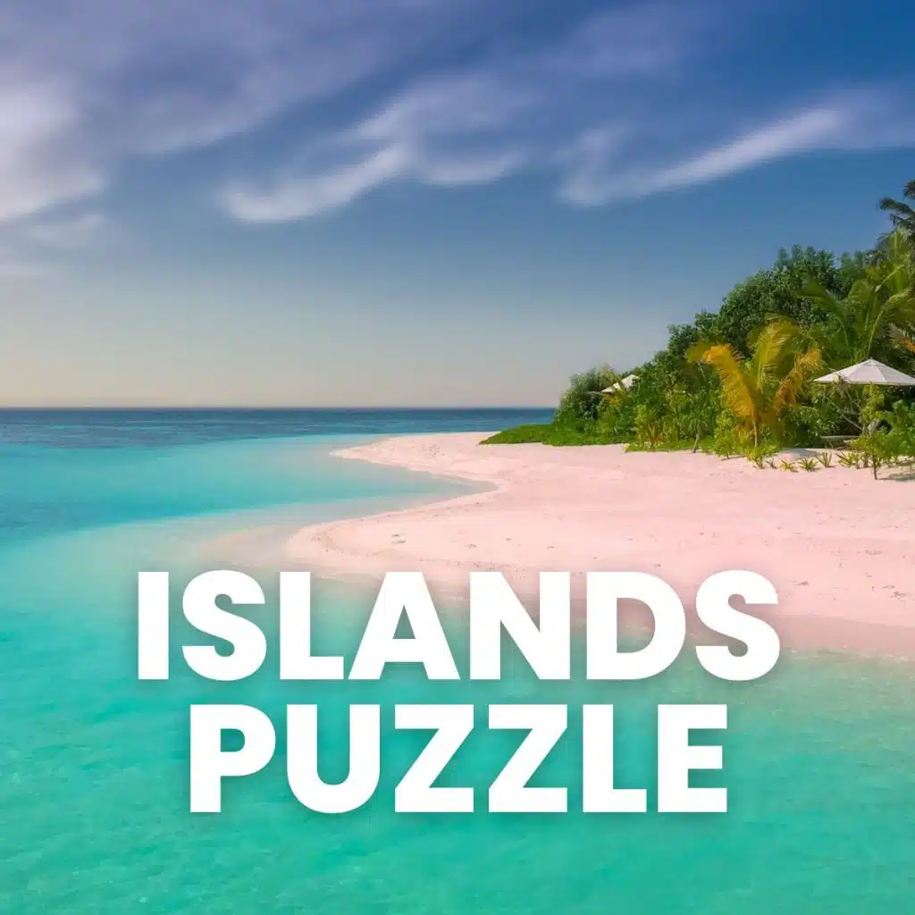 photograph of beach and ocean with text of "islands puzzle" on top of image